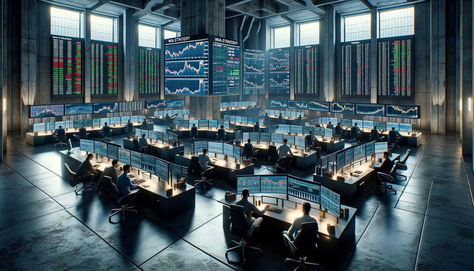 In a spacious, brutally realistic trading floor, there's a mix of sleek technology and raw, exposed concrete structures.